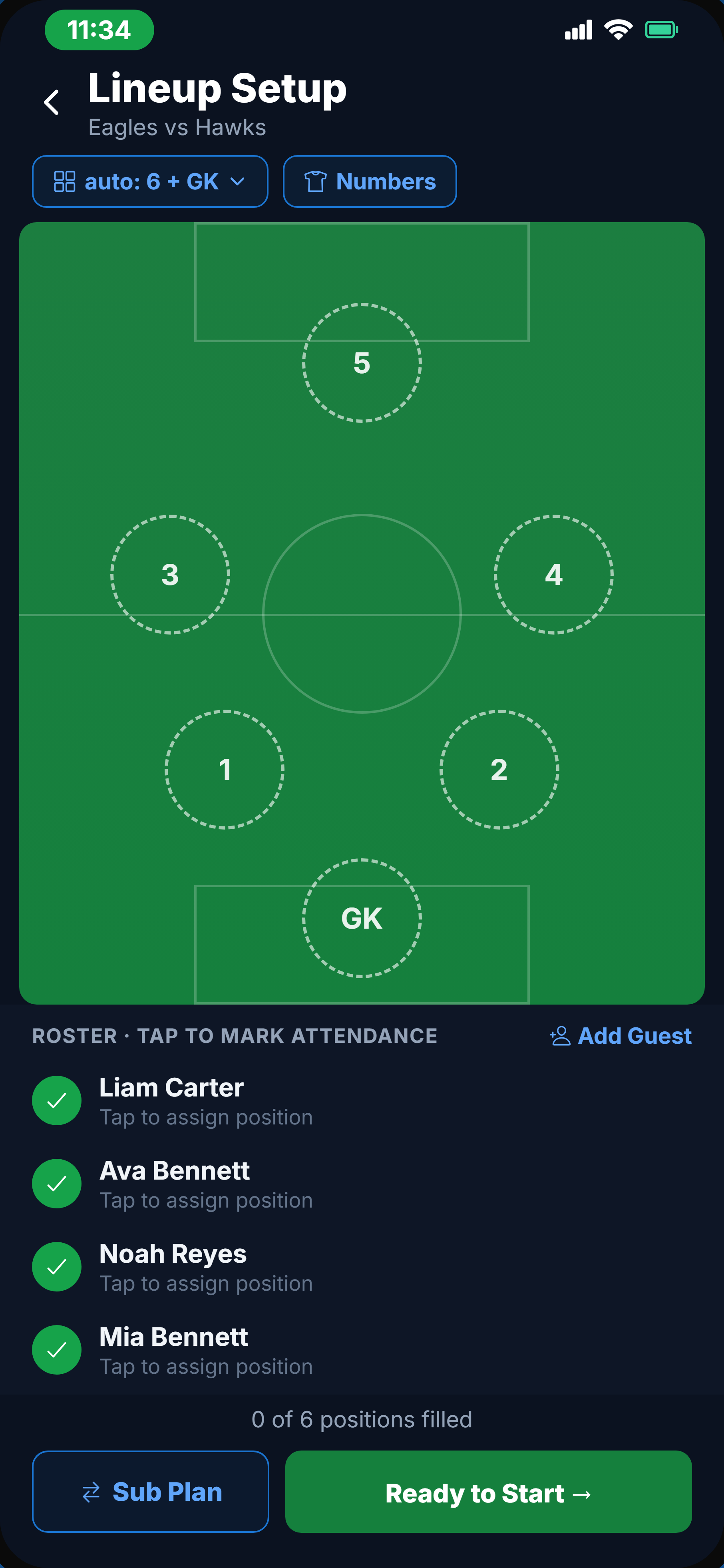 LeagueLinkd Game Time lineup setup on a soccer pitch